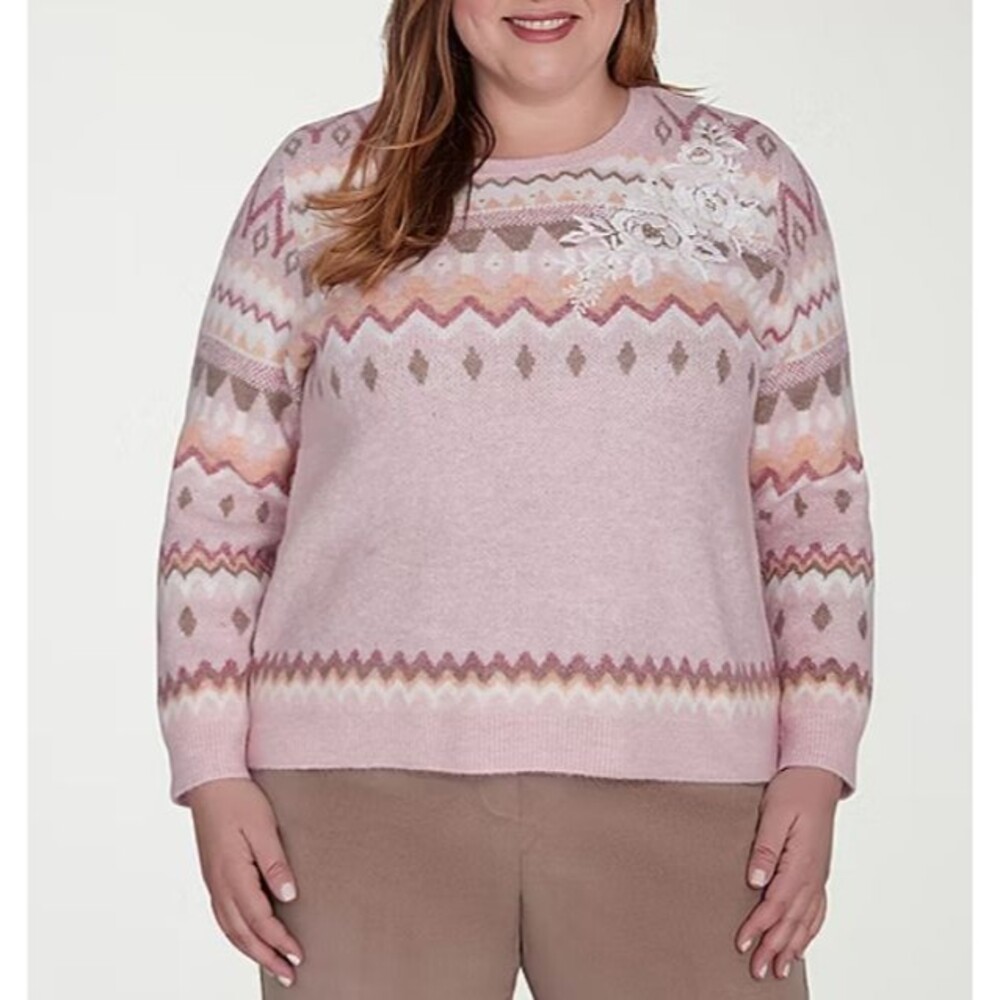 Alfred Dunner Plus Telluride Women's Size 3X Sweater Crew Neck Pink White Winter